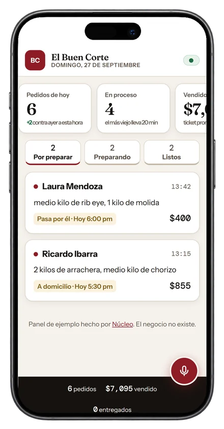 Panel de pedidos de una carnicería en un celular