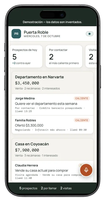 Panel de prospectos por propiedad de una inmobiliaria en un celular