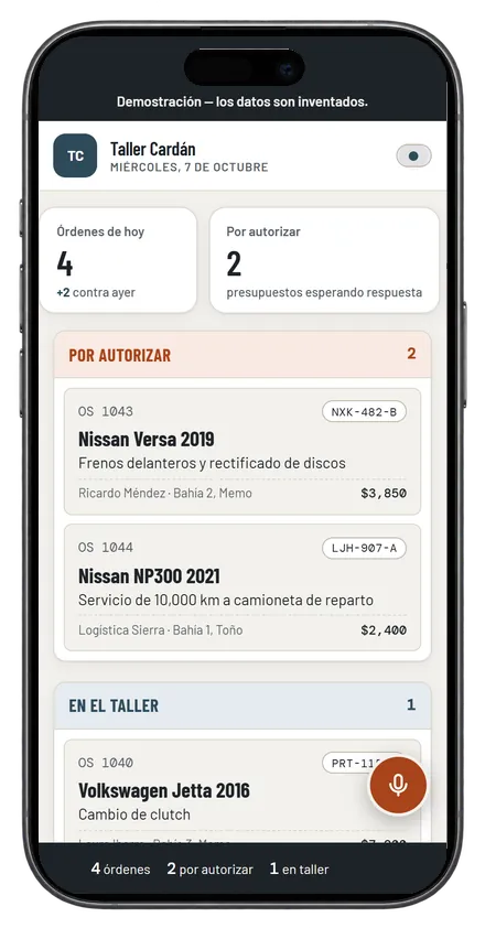Panel de órdenes de servicio de un taller mecánico en un celular